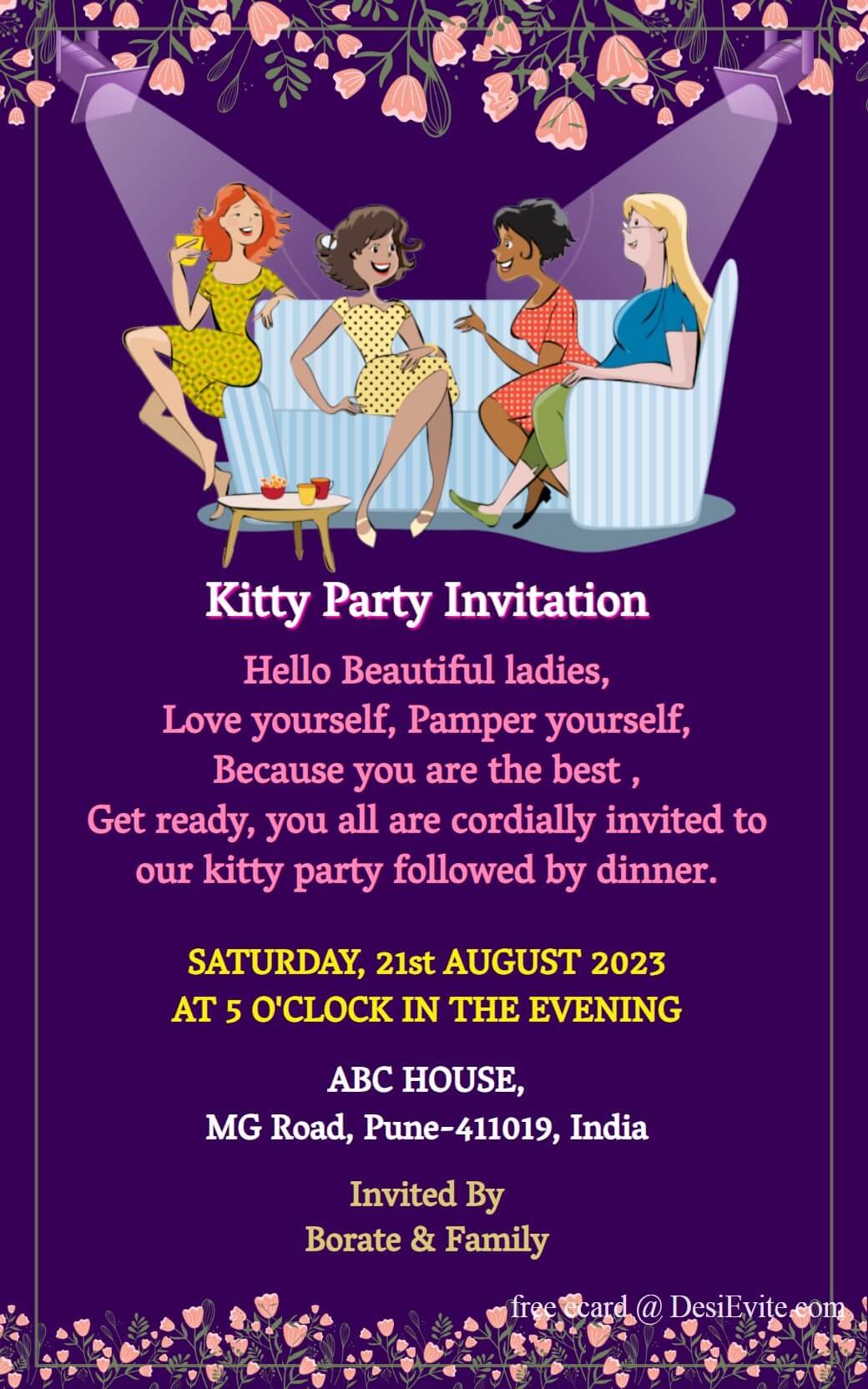 Kitty party invitation card floral theme