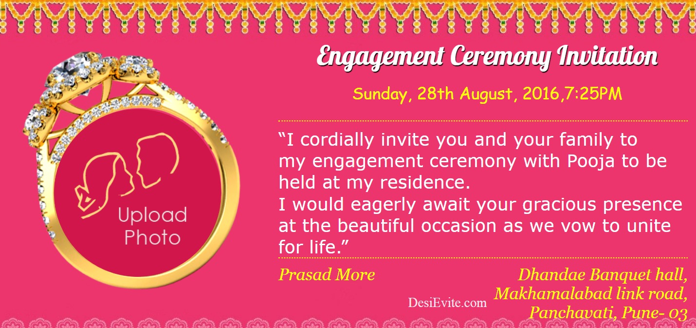 Free engagement ceremony invitation card with ring and photo